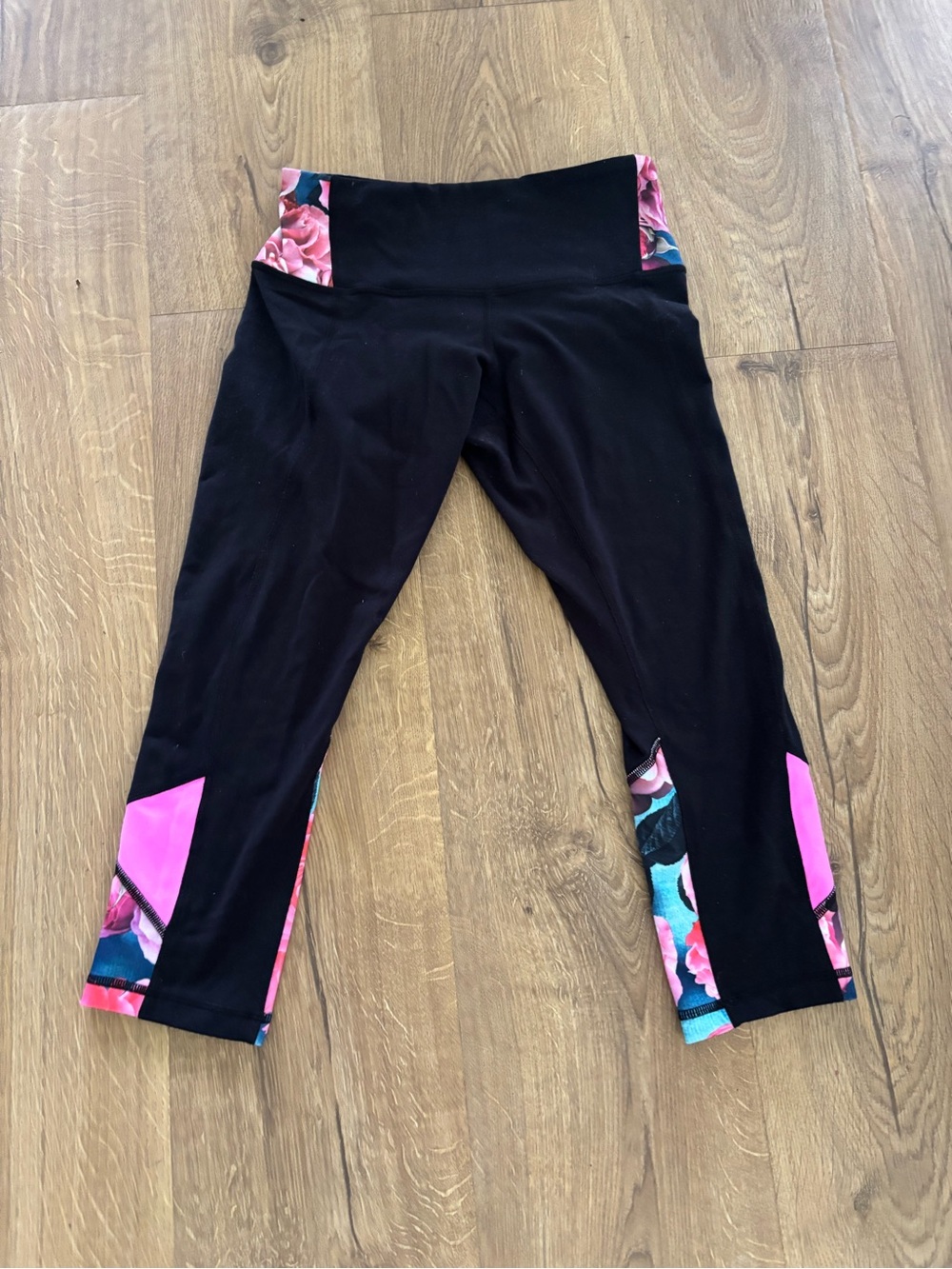 lululemon athletica Black Capri Leggings with Pink Floral Panels